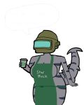  absurd_res apron armor big_breasts big_butt big_tail breasts butt clothing female fish godtiernoob headgear helmet hi_res leg_markings marine markings milk requiem_shark shark side_boob speech_bubble starbucks starbucks_meme thigh_markings tiger_shark weird_hands wide_hips 