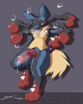  4:5 absurd_res anatomically_correct anatomically_correct_genitalia bodily_fluids breath broken_condom canid canine condom fangs feral genitals hi_res leaning_on_wall looking_at_viewer lucario male mammal mega_evolution mega_lucario nintendo panting penis pok&eacute;mon pok&eacute;mon_(species) saliva sexual_barrier_device solo solo_focus sweat vein veiny_penis video_games vogold 