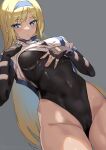  1girl arms_up ashiomi_masato black_gloves black_leotard blonde_hair blue_eyes blush bodysuit breasts cameltoe covered_navel dress eyebrows_visible_through_hair fingerless_gloves fingernails gloves grey_background guilty_gear guilty_gear_x guilty_gear_xx hair_between_eyes hairband hand_on_own_chest headband highleg highleg_leotard highres large_breasts leotard long_hair long_sleeves looking_at_viewer millia_rage partially_visible_vulva simple_background solo thighs twitter_username very_long_hair 