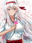  1girl absurdres blush doradorazz eyebrows_visible_through_hair flower flower_request hairband highres holding holding_flower kantai_collection long_hair looking_at_viewer one-hour_drawing_challenge purple_eyes red_hairband shoukaku_(kancolle) smile solo twitter_username upper_body white_hair 