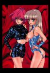  1990s_(style) 2girls aqua_eyes ass_cutout bangs black_border border breasts candy_(art_book) clothing_cutout cowboy_shot eyebrows_visible_through_hair eyelashes hand_on_another&#039;s_shoulder hand_on_hip high-waist_skirt highres large_breasts latex light_brown_hair long_hair long_sleeves looking_at_viewer midriff mon_mon multiple_girls nipple_tassels non-web_source open_mouth original pink_eyes retro_artstyle revealing_clothes shiny shiny_clothes short_hair skirt smile 