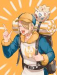  1boy :d backpack bag belt blonde_hair blue_jumpsuit blush brown_bag closed_eyes commentary_request fur_trim hair_over_one_eye hand_up happy highres holding_strap index_finger_raised jumpsuit male_focus open_mouth pokemon pokemon_(creature) pokemon_(game) pokemon_legends:_arceus sakai_(motomei) short_hair smile togepi twitter_username volo_(pokemon) watermark yellow_background 
