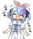  +++ 1girl :d ^_^ animal_ears bangs blue_hair blue_ribbon blush_stickers chibi closed_eyes commentary_request ditto dress eyebrows_visible_through_hair facing_viewer hair_between_eyes hair_ornament hair_ribbon hairclip hololive kanikama pokemon puffy_short_sleeves puffy_sleeves rabbit_ears ribbon romaji_commentary sailor_collar sailor_dress short_eyebrows short_sleeves simple_background smile solo thick_eyebrows translation_request two_side_up usada_pekora virtual_youtuber white_background white_dress white_sailor_collar 