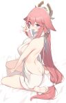  absurdres animal_ears backless_outfit barefoot breasts cloba earrings fox_ears genshin_impact highres jewelry large_breasts long_hair low-tied_long_hair meme_attire pink_hair purple_eyes virgin_killer_outfit white_background yae_miko 