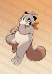  2022 5_fingers anthro apricotsammi belly biped canid canine fingers grey_body hi_res humanoid_hands mammal overweight raccoon_dog solo tanuki 