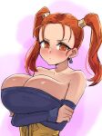  1girl bare_shoulders blush breasts brown_eyes brown_hair cleavage closed_mouth dragon_quest dragon_quest_viii dress highres jessica_albert jewelry large_breasts long_hair looking_at_viewer musasi1218 purple_shirt shirt simple_background solo twintails 