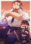  2boys armband bags_under_eyes bara blue_necktie boogeyman_(housamo) brown_hair camera cat colored_skin dawn facial_hair gakuran goatee green_eyes hat highres long_sideburns looking_at_another male_focus multicolored_hair multiple_boys muscular muscular_male necktie purple_skin red_eyes red_panda_boy red_panda_ears red_panda_tail sawch_cls scar scar_on_face school_uniform sideburns thick_eyebrows tokyo_afterschool_summoners two-tone_hair zhurong_(housamo) 