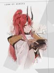  1girl aran_(lord_of_heroes) clover_games demon_girl demon_horns green_eyes highres horns long_hair looking_at_viewer lord_of_heroes marking_on_cheek official_art pale_skin ponytail red_hair 