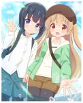  2girls :d bangs black_hair black_legwear blue_eyes blue_shorts blue_sky blush breasts brown_hair brown_headwear brown_shorts cabbie_hat closed_mouth cloud cloudy_sky collared_shirt commentary_request day dress_shirt eyebrows_visible_through_hair green_jacket hair_between_eyes hat highres holding_hands jacket legwear_under_shorts long_hair long_sleeves looking_at_viewer minagi_hiyori minagi_koharu multiple_girls open_clothes open_jacket outdoors pantyhose red_eyes shirt short_shorts shorts sky slow_loop small_breasts smile two_side_up very_long_hair water white_shirt x-6 