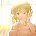  1girl adjusting_hair alternate_costume backlighting bangs bloom breasts closed_mouth collarbone green_hair hair_behind_ear hand_up highres indoors kanta_(pixiv9296614) kazami_yuuka light_smile medium_breasts medium_hair overexposure pink_shirt red_eyes shirt sleeves_past_elbows solo touhou upper_body wing_collar 