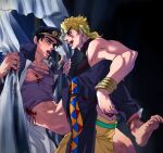  2boys barefoot black_hair bleeding blood blood_on_chest blood_on_hands blue_eyes bruise butt_crack clothed_sex clothes_pull crying crying_with_eyes_open dio_brando gakuran hat implied_anal injury jojo_no_kimyou_na_bouken kujo_jotaro large_pectorals leotard less_end licking_lips long_coat male_focus multiple_boys muscular muscular_male nipples pants pants_pull pectorals rape school_uniform scratches shirt stardust_crusaders suspended_congress tears tongue tongue_out torn_clothes torn_shirt yaoi 