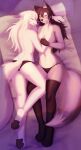  absurd_res anthro bed breasts canid canine clothed clothing cuddling duo embrace female female/female fox fur furniture grey_body grey_fur hi_res hug kunstwaffe legwear lingerie lying mammal morning on_back on_front panties sleeping smile stockings topless topless_anthro topless_female underwear white_body white_fur 