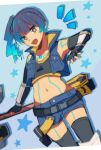  1girl blue_shorts chest_jewel fiery_hair glowing_lines hammer high_tops mugimugis navel open_mouth sena_(xenoblade) shorts shoulder_strap solo sports_bra xenoblade_chronicles_(series) xenoblade_chronicles_3 