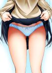  1girl absurdres ass_visible_through_thighs black_hair blue_skirt bow bow_panties brown_sweater clothes_lift highres lifted_by_self long_hair lower_body original panties pantyhose school_uniform skirt skirt_lift solo sumeragi_tomo sweater thighband_pantyhose thighs underwear 