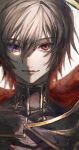  1boy absurdres bangs black_hair cape closed_mouth code_geass commentary eyebrows_visible_through_hair face hair_between_eyes heterochromia highres lelouch_lamperouge lips looking_at_viewer male_focus orokudesu portrait red_cape red_eyes short_hair smile solo symbol_in_eye turtleneck 