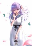  1girl absurdres aomaru_(shta-chu-jisuiai) bangs blush breasts bug butterfly dress fate/stay_night fate_(series) hair_ribbon hand_up highres jar large_breasts long_hair looking_at_viewer matou_sakura open_mouth petals purple_eyes purple_hair red_ribbon ribbon short_sleeves simple_background solo white_background white_dress 