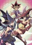  1boy 2girls apple_magician_girl bare_shoulders blonde_hair breasts choco_magician_girl cleavage commentary_request duel_monster hair_between_eyes hat highres long_hair looking_at_viewer multiple_girls mutou_yuugi nipples open_mouth soya_(sys_ygo) wand wizard_hat yu-gi-oh! yu-gi-oh!_duel_monsters 
