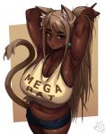  1girl absurdres adjusting_hair animal_ear_fluff animal_ears armpits arms_behind_head arms_up belly breasts brown-haired_cat_girl_(kevbot) cat_ears cat_girl cat_tail cleavage clothes_writing curvy dark-skinned_female dark_skin earrings extra_ears eyebrows_visible_through_hair front-tie_top grey_hair highres huge_breasts jewelry kevbot long_hair love_handles mega_milk meme_attire mole mole_under_eye muffin_top original pinky_out ponytail red_eyes short_shorts shorts solo standing sweat tail tank_top thick_eyebrows tying_hair very_dark_skin 