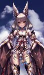  1girl animal_ears breasts chest_jewel cleavage detached_sleeves facial_mark hakusai_(hksicabb) highleg highleg_leotard highres leotard long_hair low_twintails nia_(blade)_(xenoblade) nia_(xenoblade) silver_hair small_breasts solo thighhighs twintails very_long_hair xenoblade_chronicles_(series) xenoblade_chronicles_2 yellow_eyes 