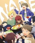  6+boys background_text bangs black_hair blonde_hair bottle brown_hair cellphone chopsticks closed_eyes closed_mouth cup eating food hair_between_eyes highres holding holding_chopsticks hood hood_down jacket kotatsu ladle meat multiple_boys nabe open_clothes open_jacket open_mouth original phone pillow_(nutsfool) pot red_hair shirt simple_background spiked_hair sweat table 