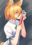  animal_ear_fluff animal_ears bangs bottle corked_bottle eyebrows_visible_through_hair fox_ears green_ribbon highres holding holding_bottle kiss kudamaki_tsukasa liquid looking_at_viewer orange_hair ribbon romper shirt short_hair short_sleeves simple_background tail tarmo test_tube touhou white_shirt yellow_eyes 