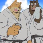  2022 anthro bodily_fluids brown_body canid canine canis cloud domestic_dog duo eyes_closed hi_res humanoid_hands keikogi kemono male mammal martial_arts_uniform mtmnkmn125 outside overweight overweight_male sportswear sweat towel ursid 