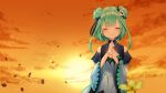  1girl bangs blue_dress closed_eyes cloud commentary_request double_bun dress evening eyebrows_visible_through_hair facing_viewer from_behind green_hair highres hololive sky smile solo sunset uruha_rushia virtual_youtuber yasuyuki 