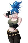  1girl bare_shoulders belt blue_eyes blue_hair breasts cargo_pants dongho_kang earrings gas_can gloves highres jewelry large_breasts leona_heidern navel pants ponytail solo tank_top the_king_of_fighters the_king_of_fighters_xv triangle_earrings 