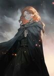  1girl blonde_hair cape cloud cloudy_sky elden_ring embers grey_cape highres hood hooded_cape lack long_hair looking_at_viewer melina_(elden_ring) one_eye_closed scar scar_across_eye sky solo yellow_eyes 