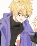  1boy blonde_hair closed_eyes glasses johan_talede kuzuvine lord_of_heroes male_focus needle pale_skin sewing sewing_needle sewing_pin sweatdrop thread 