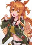  1girl :d akatsuki_(kuon) animal_ears bangs bomber_jacket breasts brown_ribbon clenched_hands commentary_request cowboy_shot crop_top dog_tags ear_ribbon eyebrows_visible_through_hair green_belt green_jacket hair_between_eyes hands_up horse_ears horse_girl horse_tail jacket long_hair long_sleeves looking_at_viewer mayano_top_gun_(umamusume) midriff navel open_clothes open_jacket open_mouth orange_eyes orange_hair ribbon shirt short_shorts shorts sidelocks simple_background small_breasts smile solo standing tail teeth twitter_username two_side_up umamusume upper_teeth white_background white_shorts yellow_shirt 