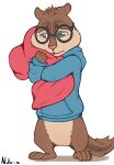  2022 alvin_and_the_chipmunks anthro blue_eyes bodily_fluids brown_body brown_fur chipmunk clothing digital_media_(artwork) eyewear fluffy fluffy_tail frown fur glasses ground_squirrel hi_res hoodie hugging_pillow male mammal neko-me rodent sad_eyes sciurid signature simon_seville simple_background solo tears text topwear white_background 