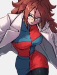 1girl android_21 blue_eyes breasts brown_hair checkered_clothes checkered_dress dragon_ball dragon_ball_fighterz dress earrings glasses grey_background hair_between_eyes hoop_earrings jewelry kemachiku labcoat large_breasts long_hair looking_to_the_side open_mouth simple_background solo 