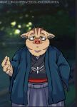  2022 anthro asian_clothing blush clothing east_asian_clothing eyewear glasses humanoid_hands japanese_clothing kemono male mammal night outside overweight overweight_male solo suid suina sus_(pig) tiri_mama wild_boar 
