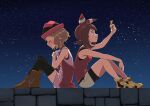  2girls back-to-back bare_arms bike_shorts bike_shorts_under_shorts black_legwear blue_ribbon blush boots bow_hairband brown_footwear brown_hair closed_eyes commentary dress from_side hairband hat highres holding may_(pokemon) multiple_girls neck_ribbon night outdoors own_hands_together parted_lips pokemon pokemon_(anime) pokemon_(game) pokemon_oras pokemon_xy_(anime) red_hairband ribbon serena_(pokemon) shirt shoes short_hair shorts sitting sky sleeveless sleeveless_shirt smile star_(sky) stone_wall suitenan thighhighs wall yellow_footwear 
