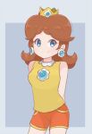  1girl bare_arms blue_eyes border brooch brown_hair chocomiru crown deviantart earrings jewelry looking_at_viewer mario_(series) orange_shorts princess_daisy shirt shorts sleeveless sleeveless_shirt solo sportswear yellow_shirt 