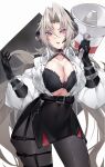  1girl absurdres arm_up azur_lane belt black_belt black_bra black_choker black_gloves black_legwear black_skirt blonde_hair blush bra breasts choker cleavage collarbone elbow_gloves eyebrows_visible_through_hair feet_out_of_frame gloves hair_between_eyes highres holding holding_megaphone kive kronshtadt_(azur_lane) kronshtadt_(begin_the_rush!)_(azur_lane) large_breasts long_hair looking_at_viewer megaphone mole mole_under_eye official_alternate_costume open_clothes open_mouth open_shirt pantyhose parted_lips platinum_blonde_hair purple_eyes shirt simple_background skirt solo standing underwear very_long_hair white_shirt 