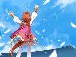  1girl animal_ears arms_up cape cloud ear_piercing feet_out_of_frame from_behind gloves highres horse_ears horse_girl horse_tail jewelry multiple_rings nanaheibei_3 orange_hair outdoors piercing pink_cape pink_skirt ring shirt short_hair single_glove skirt sky solo standing t.m._opera_o_(umamusume) tail thighhighs two-tone_skirt umamusume white_gloves white_legwear white_shirt white_skirt 