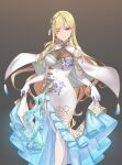  1girl absurdres bangs blonde_hair breasts capelet cleavage closed_mouth dress feet_out_of_frame highres jikeshi long_hair luis_cammy medium_breasts mole mole_under_mouth nijisanji official_alternate_costume one_eye_closed red_eyes smile solo standing thighhighs 