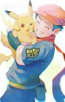  1boy animal_ears closed_eyes commentary_request electricity hat highres holding male_focus nanafuji_man pikachu pokemon pokemon_(creature) pokemon_(game) red_eyes short_hair solo_focus standing 