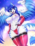  anthro breasts camel_toe canid canine canis claws clothing clothing_pull collar feathered_wings feathers female hi_res katsuke latex_armwear latex_clothing latex_stockings mammal markings nipples panties panty_pull pawpads solo striped_markings stripes tongue tongue_out underwear underwear_pull wings wolf 