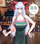  1girl alternate_costume anger_vein angry apron artist_name bangs black_pants blurry blurry_background blush breasts coffee_cup coffee_maker_(object) collarbone commentary contemporary cup curled_horns disposable_cup english_commentary eyebrows_visible_through_hair fire_emblem fire_emblem_heroes freyja_(fire_emblem) goat_horns green_apron hand_on_hip holding holding_pen horns iced_latte_with_breast_milk_(meme) indoors large_breasts looking_to_the_side meme meziosaur pants pen pink_shirt red_eyes red_horns shirt sidelocks silver_hair sleeveless sleeveless_shirt solo speech_bubble starbucks 