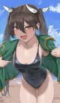  1girl :d absurdres ass_visible_through_thighs beach black_swimsuit blue_sky blush breasts brown_eyes brown_hair cloud cloudy_sky collarbone commentary covered_navel cowboy_shot day fang green_jacket hair_between_eyes hair_ribbon highleg highleg_swimsuit highres jacket kantai_collection leaning_forward long_hair looking_at_viewer medium_breasts ocean one-piece_swimsuit open_clothes open_jacket open_mouth outdoors ribbon ryudraw signature skin_fang skin_tight sky smile solo standing swimsuit symbol-only_commentary thighs tone_(kancolle) twintails white_ribbon 