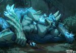  abs anthro biceps blue_body body_hair capcom chest_hair claws detailed_background fanged_wyvern fansila6 forest forest_background fur glowing hi_res horn looking_down male monster_hunter muscular muscular_anthro muscular_male nature nature_background night pecs plant relaxing scales smile solo tree video_games zinogre 
