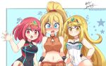  absurdres bangs black_swimsuit blonde_hair breasts chest_jewel competition_swimsuit crossover gem headpiece highres large_breasts metroid mythra_(radiant_beach)_(xenoblade) mythra_(xenoblade) one-piece_swimsuit pyra_(pro_swimmer)_(xenoblade) pyra_(xenoblade) red_hair red_swimsuit ribbed_swimsuit samus_aran strapless strapless_swimsuit striped striped_swimsuit swept_bangs swimsuit tiara two-tone_swimsuit vertical-striped_swimsuit vertical_stripes white_swimsuit xenoblade_chronicles_(series) xenoblade_chronicles_2 yamagiwajustin 