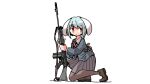  1girl animal_ears backpack bag battle_rifle blue_hair blush collared_shirt eyebrows_visible_through_hair fn_fal gun highres jacket kasuya_baian kneeling light_blue_hair long_sleeves looking_to_the_side moon_rabbit necktie rabbit_ears red_eyes red_necktie reisen_(touhou_bougetsushou) rifle shirt shoes short_hair simple_background skirt solo strap touhou weapon white_background 