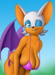 anthro bat_wings bent_over big_breasts bikini breast_squish breasts chiropteran cleavage clothed clothing creatiffy female gradient_background grin hi_res huge_breasts looking_at_viewer mammal membrane_(anatomy) membranous_wings one_eye_closed rouge_the_bat sega simple_background smile solo sonic_the_hedgehog_(series) squish swimwear wings wink 