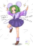  1girl animal_ears brave_fencer_musashiden capelet closed_mouth dancing dress full_body green_hair hairband highres looking_at_viewer mouse_ears mouse_girl mouse_tail purple_capelet purple_eyes short_hair simple_background smile solo tail topo_(musashiden) white_background 