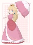  1girl blonde_hair border chocomiru crown deviantart dress earrings elbow_gloves gloves highres jewelry mario_(series) open_mouth parasol pink_dress polka_dot polka_dot_background princess princess_peach smile solo super_mario_bros. super_smash_bros. umbrella 