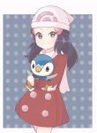  1girl alternate_costume blue_hair chocomiru coat commentary dawn_(pokemon) grey_eyes hat looking_at_viewer medium_hair piplup pokemon pokemon_(creature) pokemon_(game) pokemon_dppt pokemon_platinum polka_dot polka_dot_background red_coat scarf winter winter_clothes winter_coat 